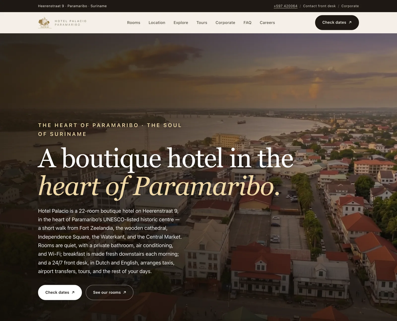 Complete Hotel Palacio homepage hero, ending cleanly after its two primary actions