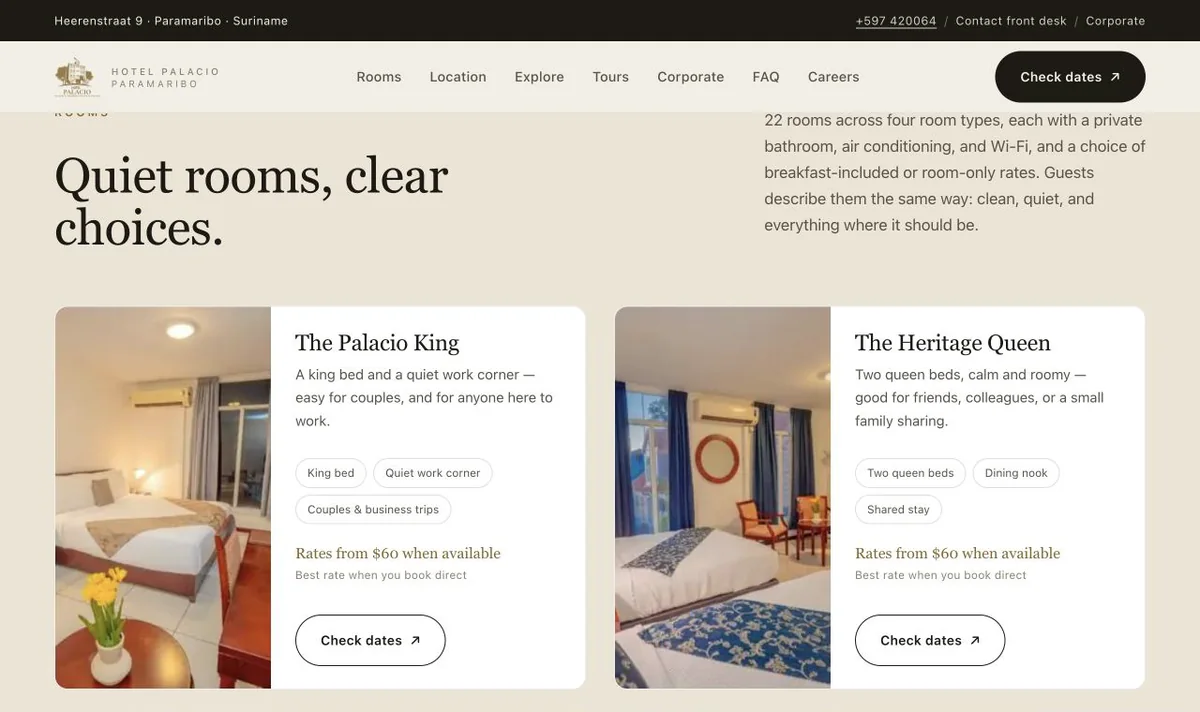 Hotel Palacio room selection showing room photography, guest fit, rates, and check-dates actions