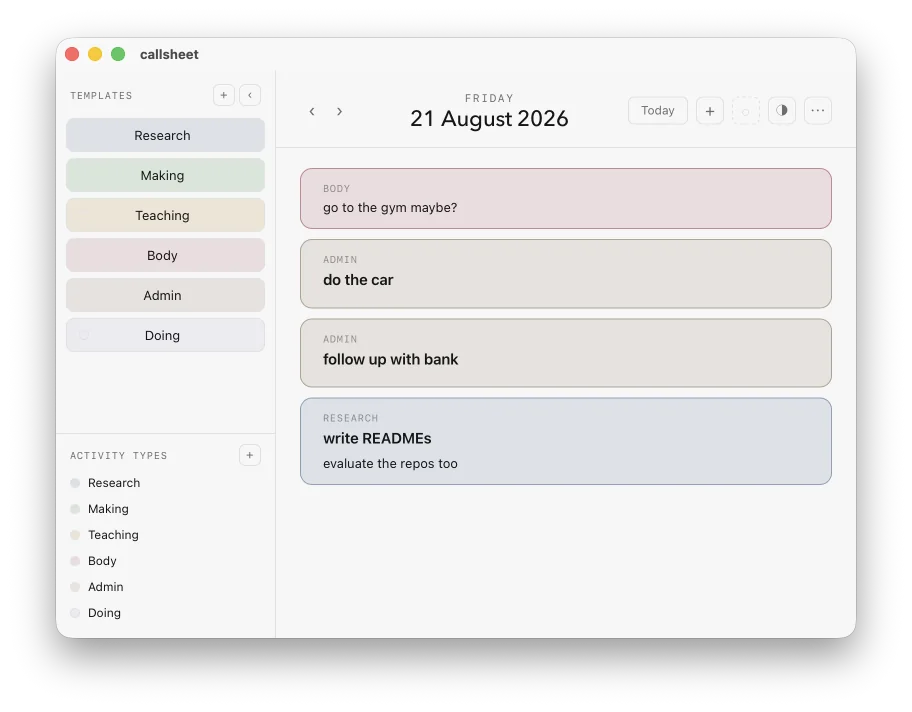 callsheet, a calm colour-coded desktop whiteboard of the day's tasks