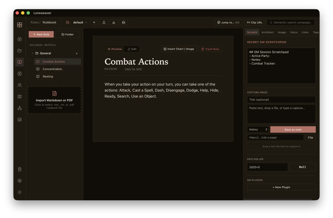 Loreweaver's dark rulebook interface, with warm parchment typography and muted coral accents