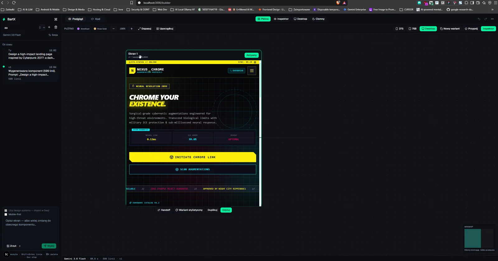 John's local BartX builder showing a cyberpunk landing-page experiment